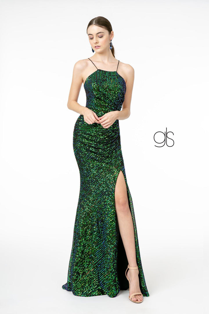 Long Iridescent Sequin Dress with Side Slit by Elizabeth K GL1812