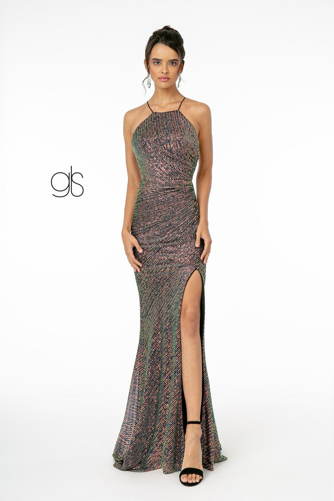 Long Iridescent Sequin Dress with Side Slit by Elizabeth K GL1812