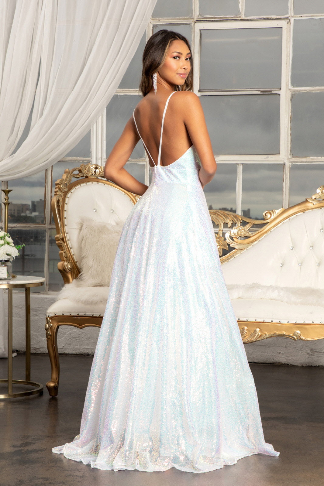 Long Iridescent Sequin Slit Dress by Elizabeth K GL3028