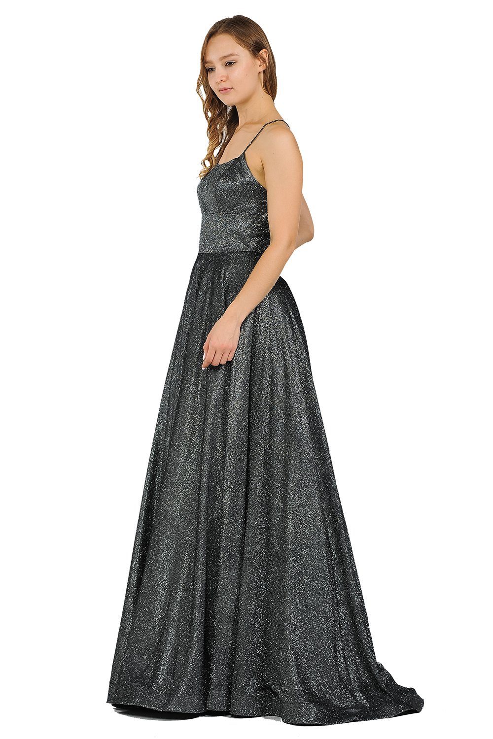 Long Iridescent V-Neck Dress with Open Corset Back by Poly USA 8470-Long Formal Dresses-ABC Fashion