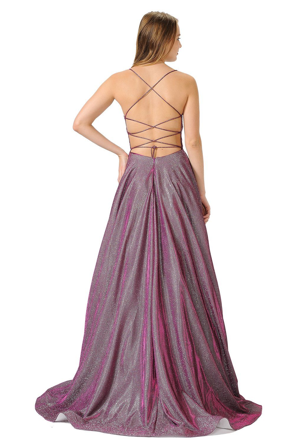 Long Iridescent V-Neck Dress with Open Corset Back by Poly USA 8470-Long Formal Dresses-ABC Fashion