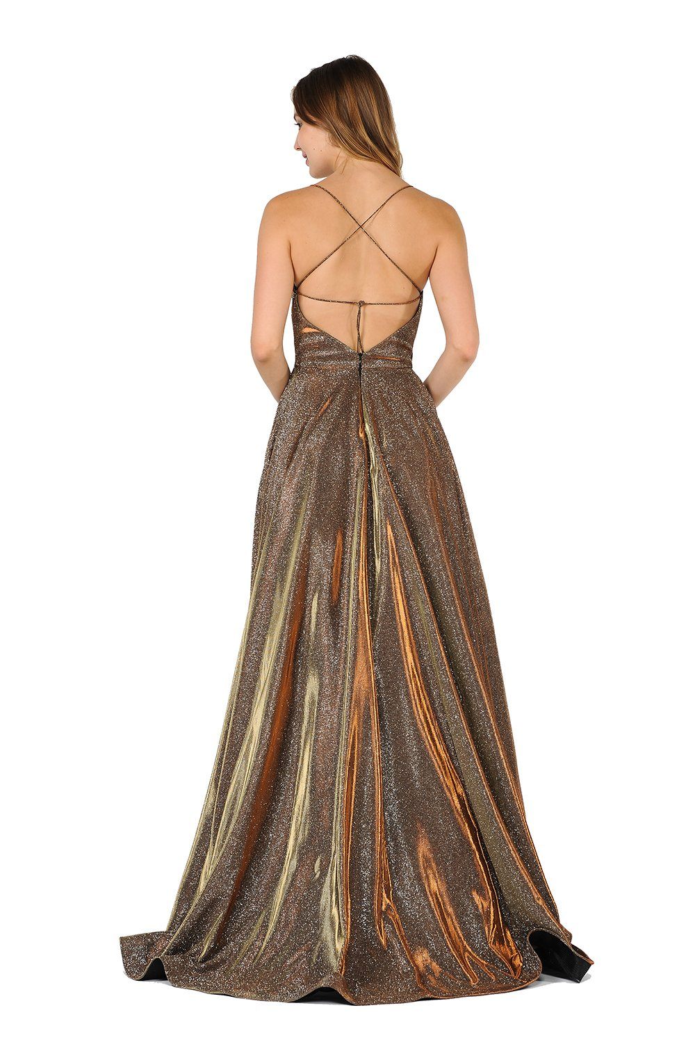 Long Iridescent V-Neck Dress with Open Corset Back by Poly USA 8470-Long Formal Dresses-ABC Fashion