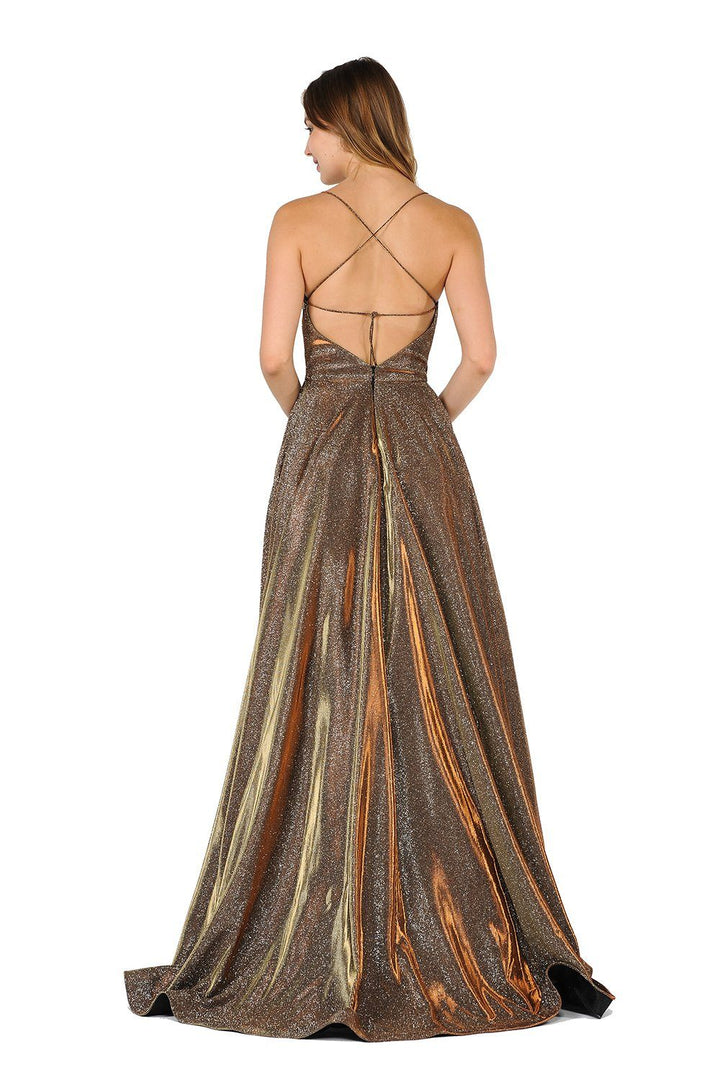 Long Iridescent V-Neck Dress with Open Corset Back by Poly USA 8470-Long Formal Dresses-ABC Fashion