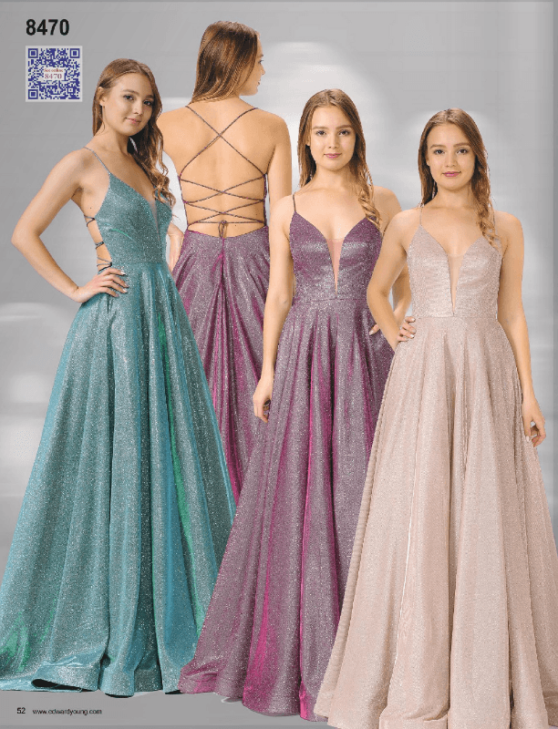 Long Iridescent V-Neck Dress with Open Corset Back by Poly USA 8470-Long Formal Dresses-ABC Fashion