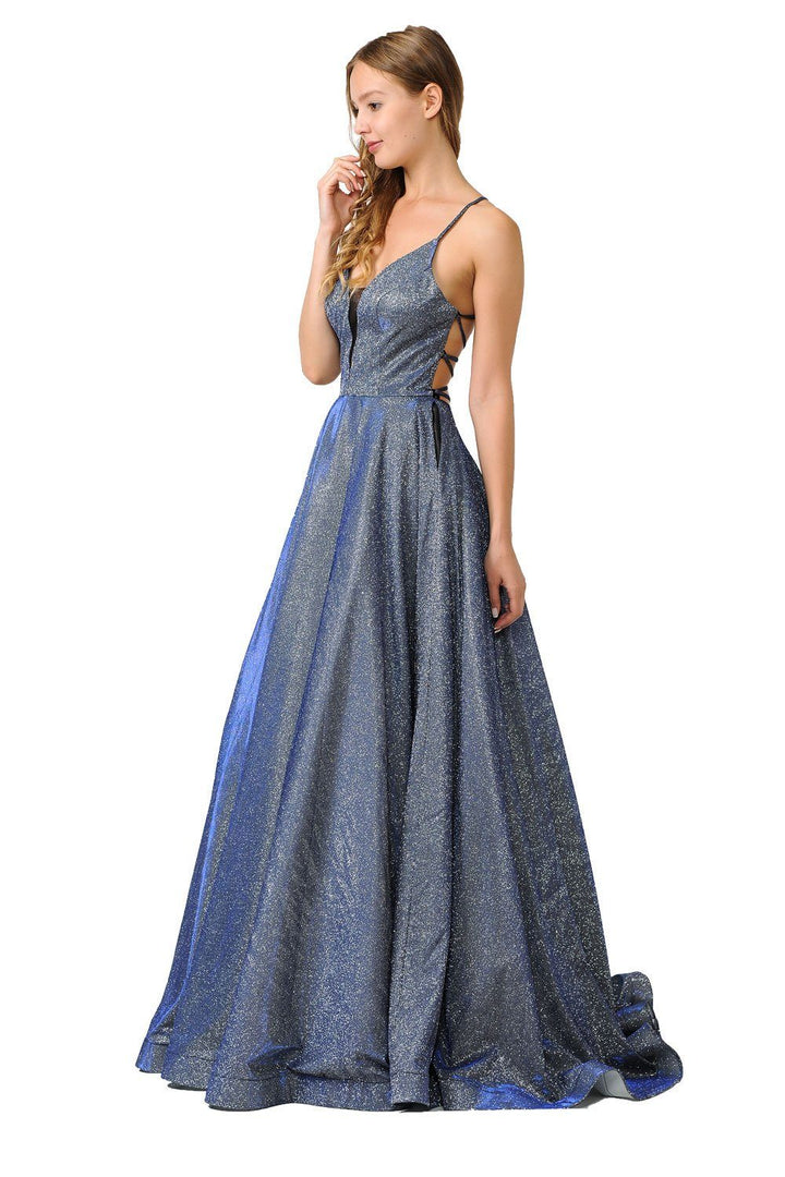 Long Iridescent V-Neck Dress with Open Corset Back by Poly USA 8470-Long Formal Dresses-ABC Fashion