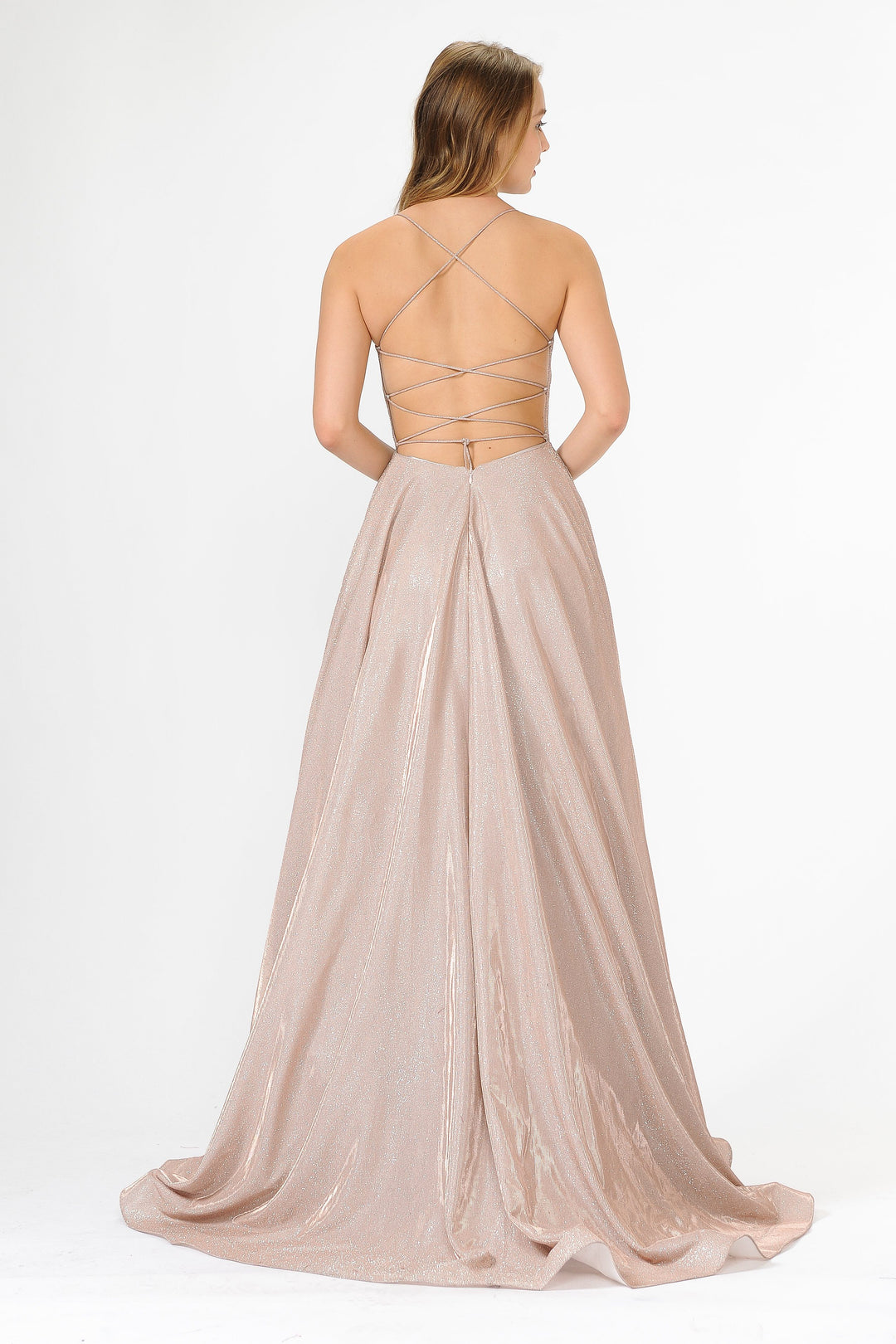 Long Iridescent V-Neck Dress with Open Corset Back by Poly USA 8470-Long Formal Dresses-ABC Fashion