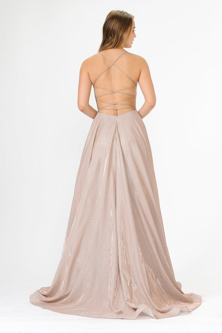 Long Iridescent V-Neck Dress with Open Corset Back by Poly USA 8470-Long Formal Dresses-ABC Fashion