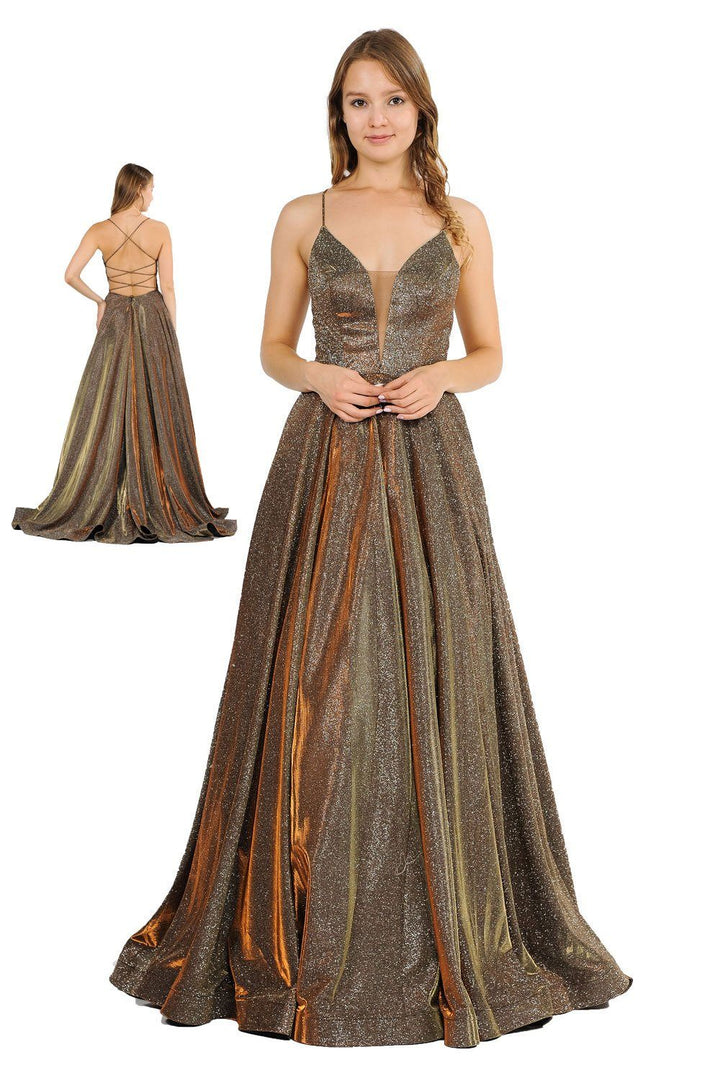Long Iridescent V-Neck Dress with Open Corset Back by Poly USA 8470-Long Formal Dresses-ABC Fashion