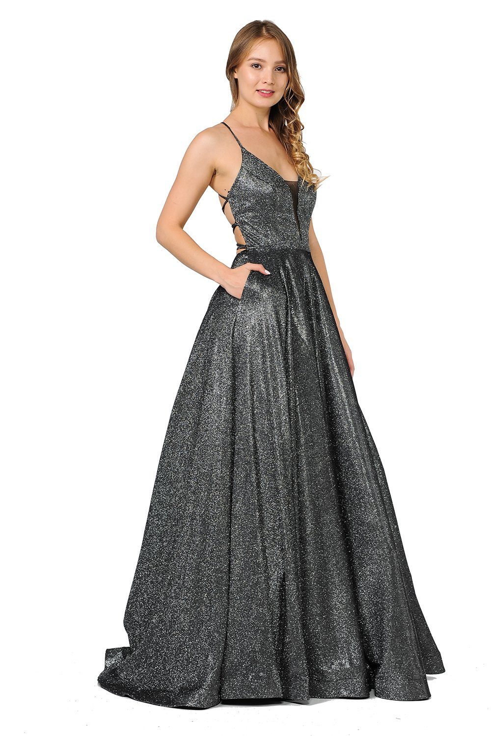 Long Iridescent V-Neck Dress with Open Corset Back by Poly USA 8470-Long Formal Dresses-ABC Fashion