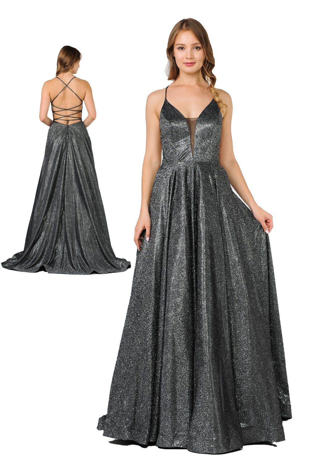 Long Iridescent V-Neck Dress with Open Corset Back by Poly USA 8470-Long Formal Dresses-ABC Fashion