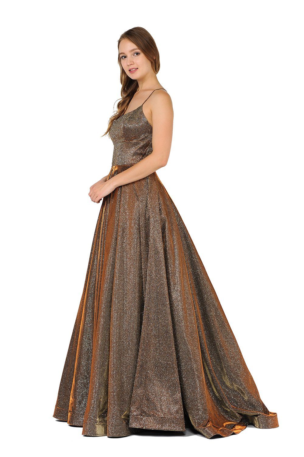 Long Iridescent V-Neck Dress with Open Corset Back by Poly USA 8470-Long Formal Dresses-ABC Fashion