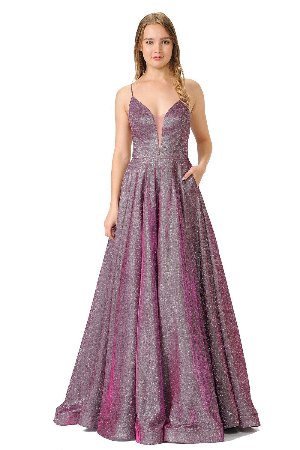Long Iridescent V-Neck Dress with Open Corset Back by Poly USA 8470-Long Formal Dresses-ABC Fashion