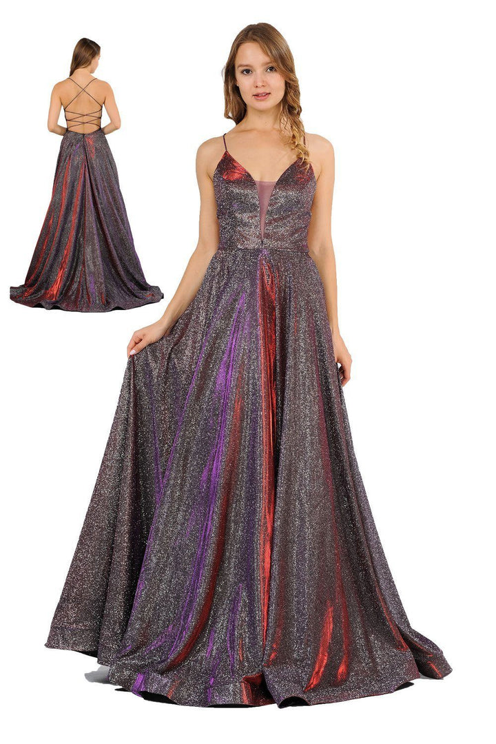 Long Iridescent V-Neck Dress with Open Corset Back by Poly USA 8470-Long Formal Dresses-ABC Fashion