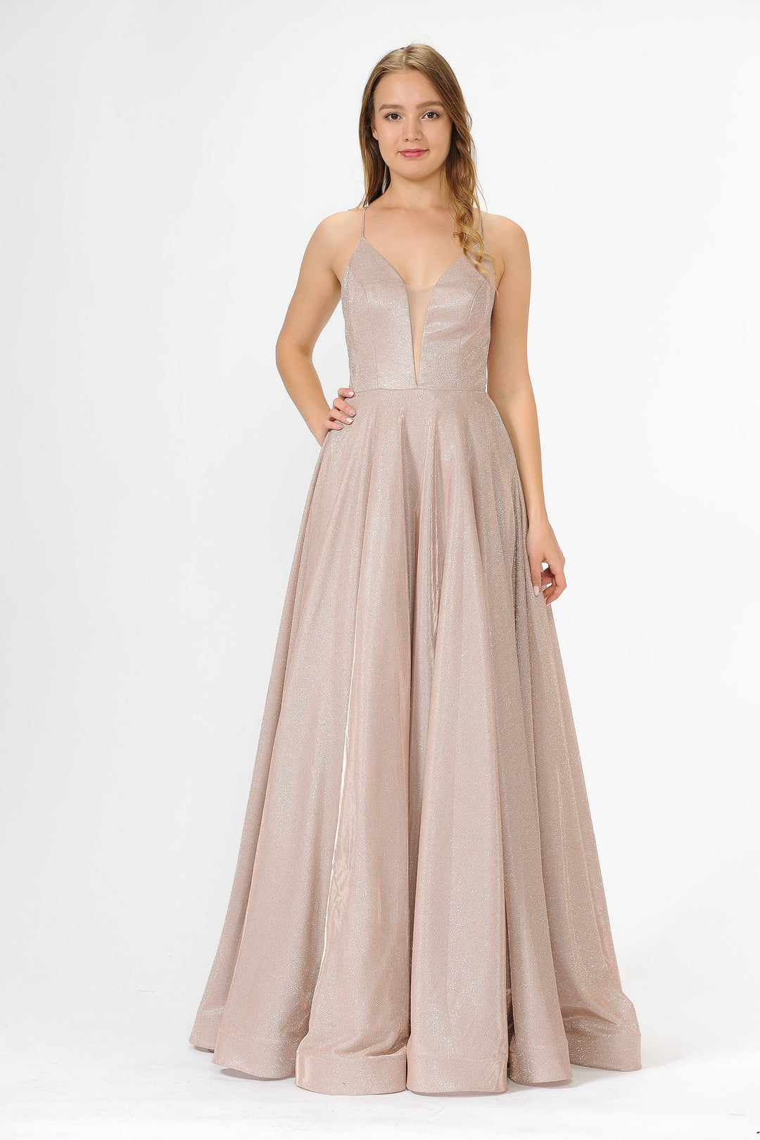 Long Iridescent V-Neck Dress with Open Corset Back by Poly USA 8470-Long Formal Dresses-ABC Fashion