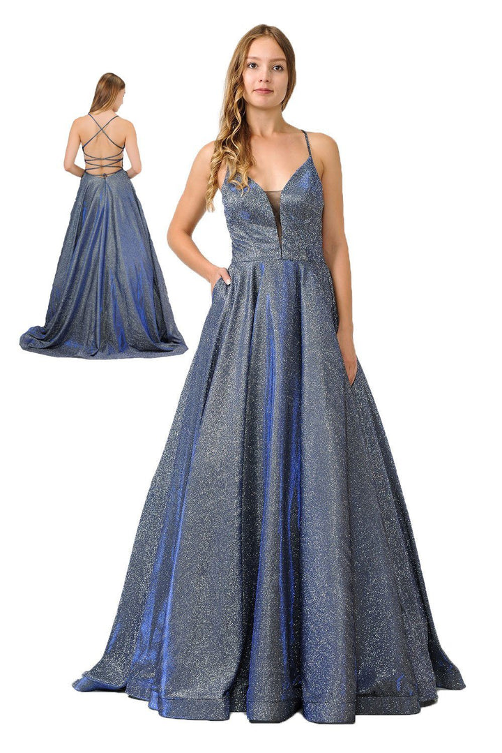 Long Iridescent V-Neck Dress with Open Corset Back by Poly USA 8470-Long Formal Dresses-ABC Fashion