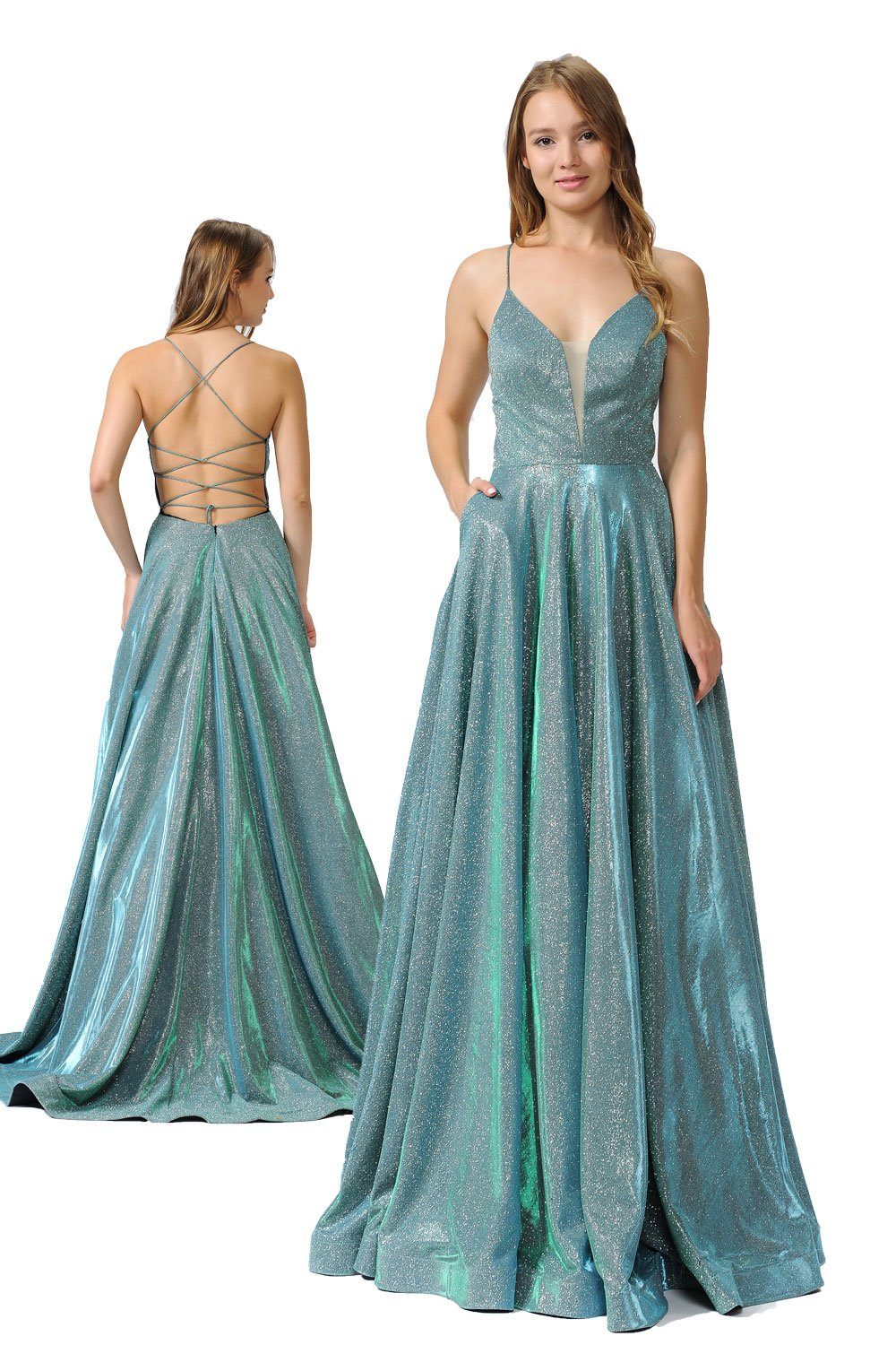 Long Iridescent V-Neck Dress with Open Corset Back by Poly USA 8470-Long Formal Dresses-ABC Fashion