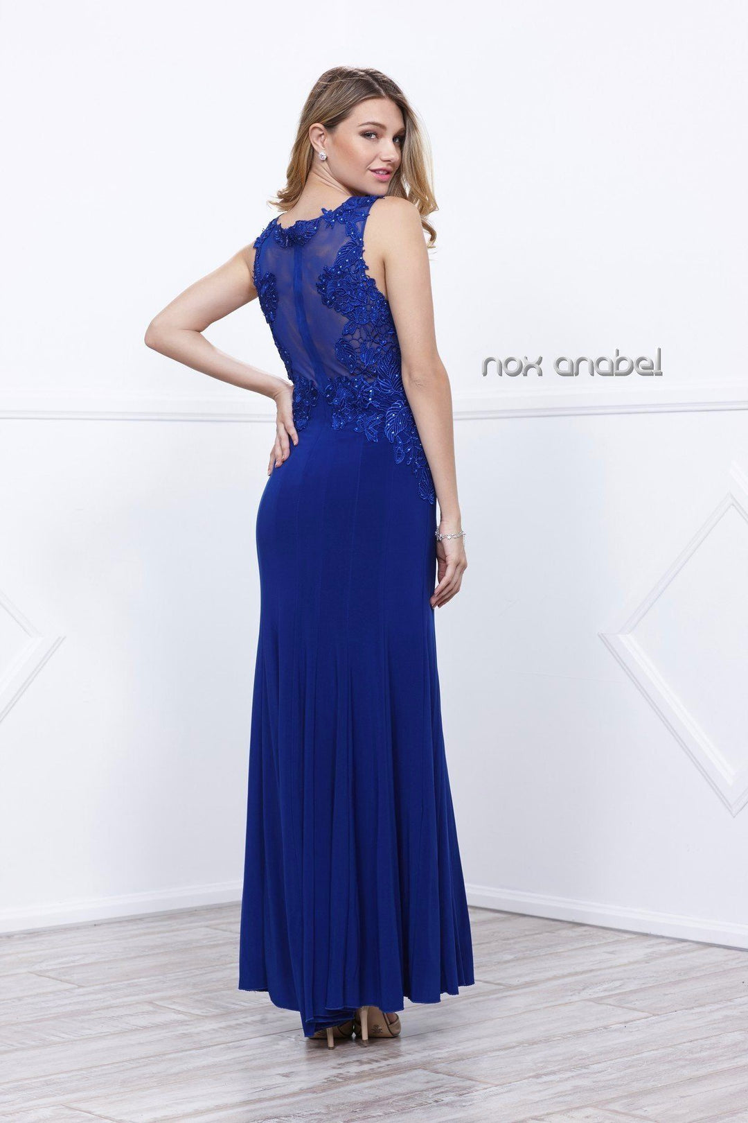 Long Jersey Dress with Lace Accent by Nox Anabel 8258-Long Formal Dresses-ABC Fashion
