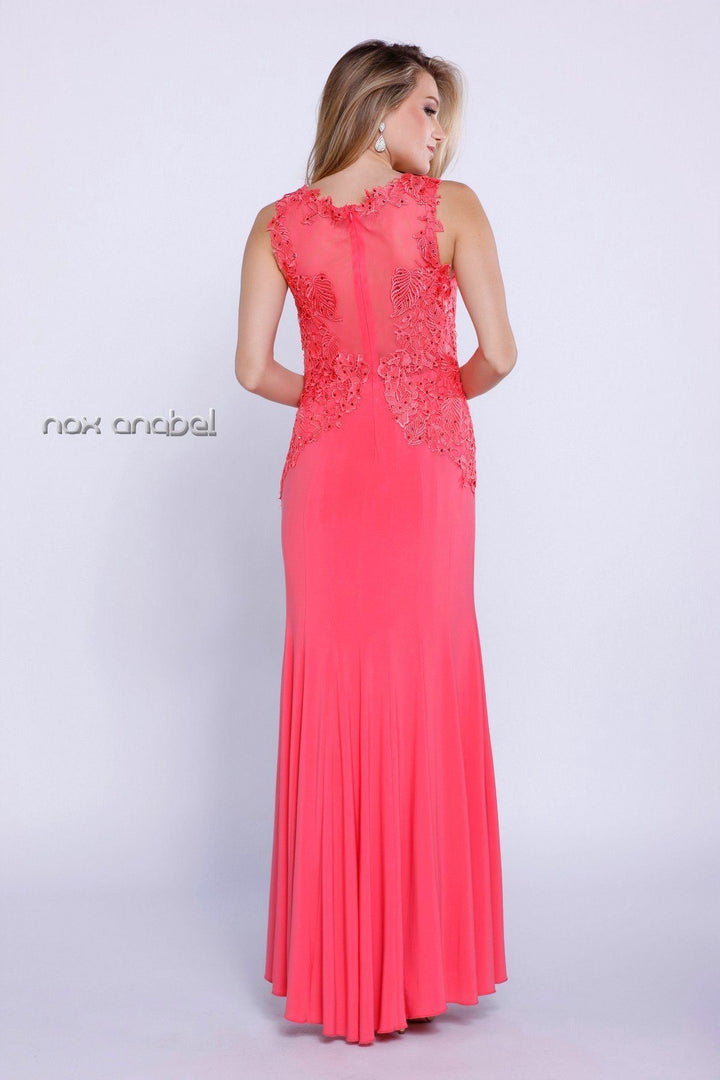 Long Jersey Dress with Lace Accent by Nox Anabel 8258-Long Formal Dresses-ABC Fashion