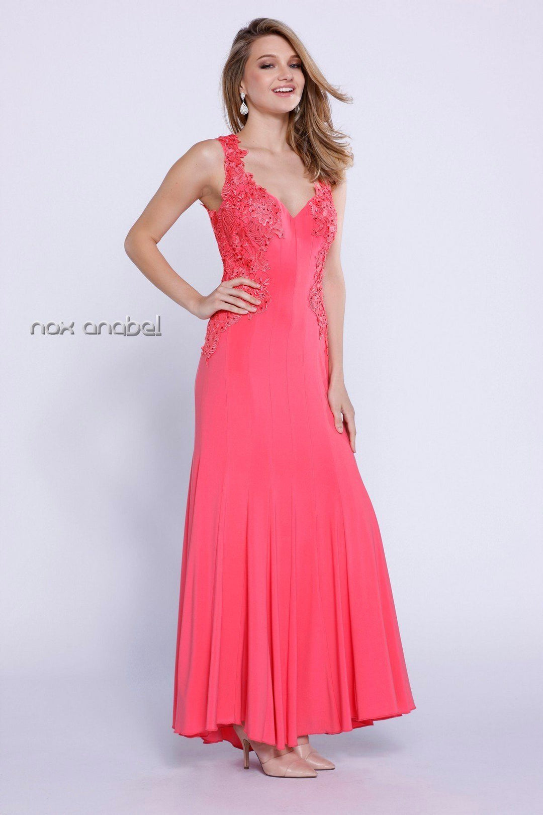 Long Jersey Dress with Lace Accent by Nox Anabel 8258-Long Formal Dresses-ABC Fashion