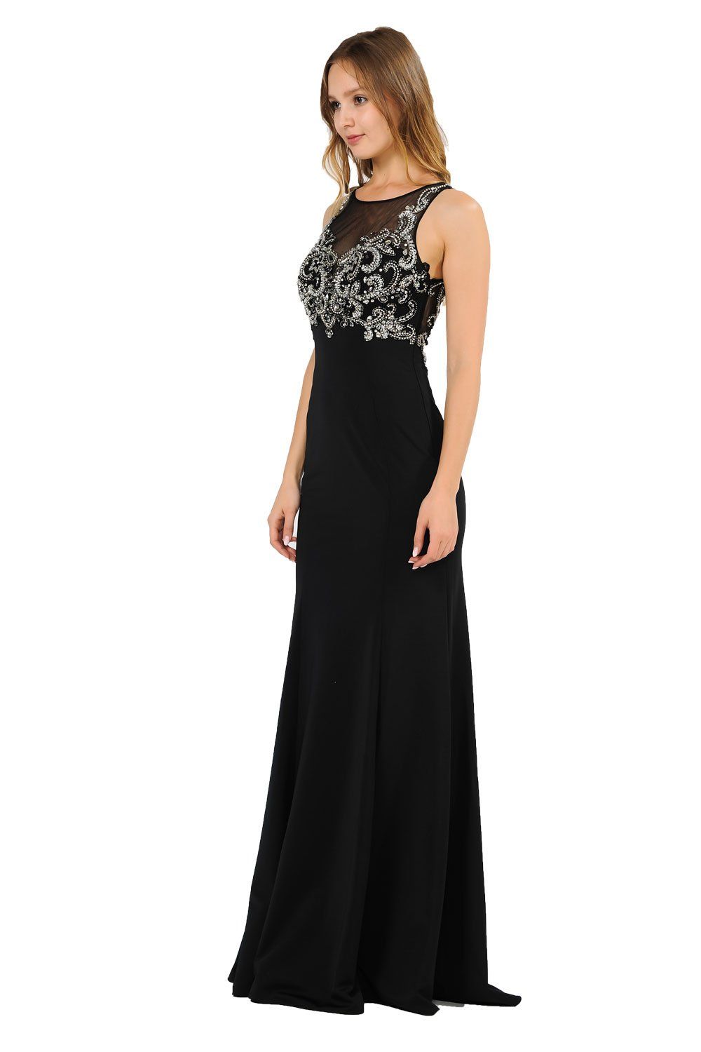 Long Jersey Dress with Sheer Embroidered Bodice by Poly USA 8348 XS / Red Long Jersey Dress with Sheer Embroidered Bodice by Poly USA 8348 XS / Red