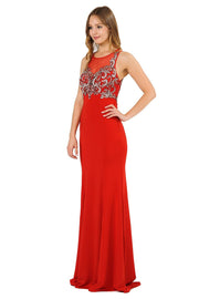 Long Jersey Dress with Sheer Embroidered Bodice by Poly USA 8348-Long Formal Dresses-ABC Fashion
