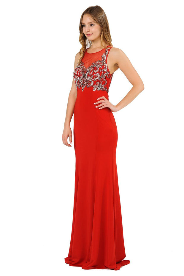 Long Jersey Dress with Sheer Embroidered Bodice by Poly USA 8348-Long Formal Dresses-ABC Fashion