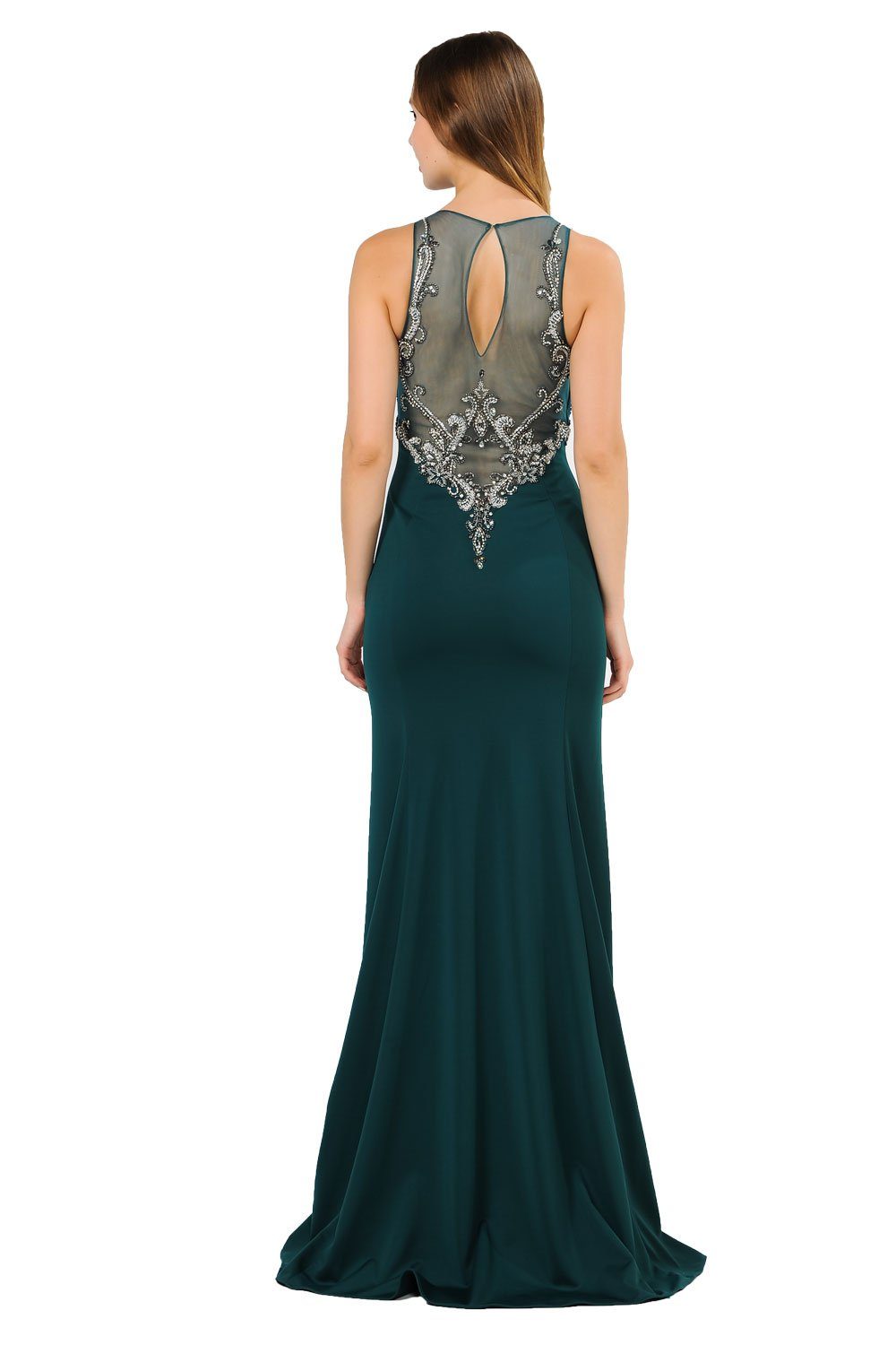 Long Jersey Dress with Sheer Embroidered Bodice by Poly USA 8348 XS / Red Long Jersey Dress with Sheer Embroidered Bodice by Poly USA 8348 XS / Red