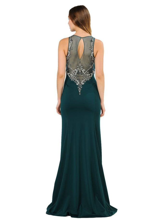 Long Jersey Dress with Sheer Embroidered Bodice by Poly USA 8348-Long Formal Dresses-ABC Fashion
