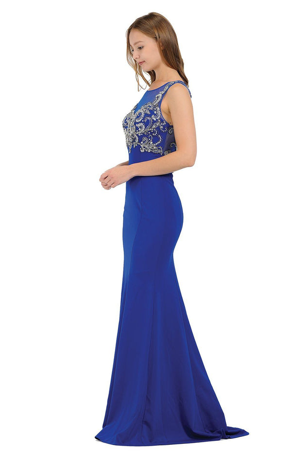 Long Jersey Dress with Sheer Embroidered Bodice by Poly USA 8348-Long Formal Dresses-ABC Fashion
