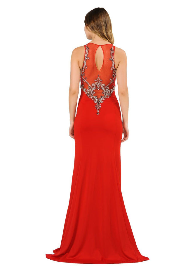 Long Jersey Dress with Sheer Embroidered Bodice by Poly USA 8348-Long Formal Dresses-ABC Fashion