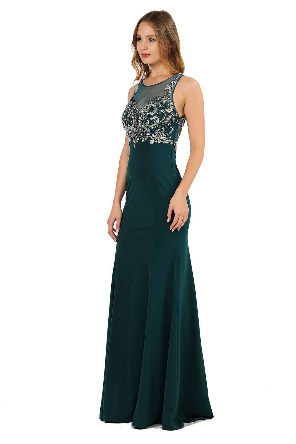 Long Jersey Dress with Sheer Embroidered Bodice by Poly USA 8348 XS / Red Long Jersey Dress with Sheer Embroidered Bodice by Poly USA 8348 XS / Red