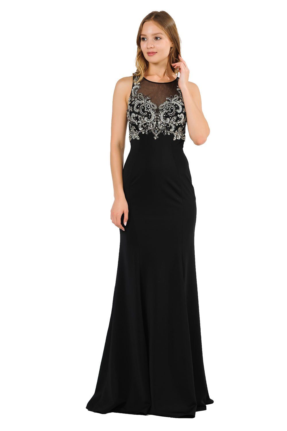 Long Jersey Dress with Sheer Embroidered Bodice by Poly USA 8348 XS / Black Long Jersey Dress with Sheer Embroidered Bodice by Poly USA 8348 XS / Black