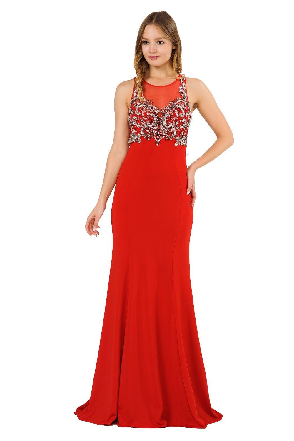 Long Jersey Dress with Sheer Embroidered Bodice by Poly USA 8348 XS / Red Long Jersey Dress with Sheer Embroidered Bodice by Poly USA 8348 XS / Red