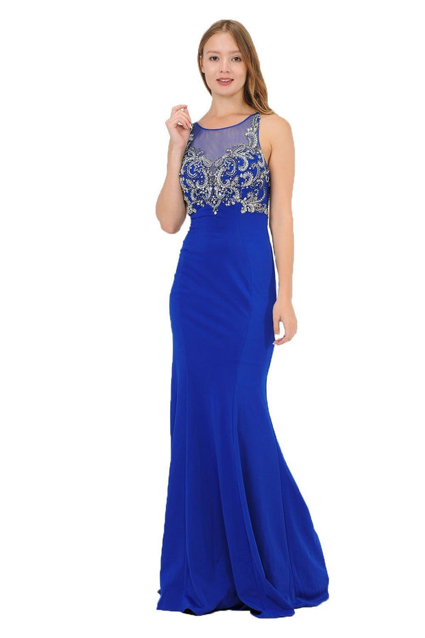 Long Jersey Dress with Sheer Embroidered Bodice by Poly USA 8348-Long Formal Dresses-ABC Fashion