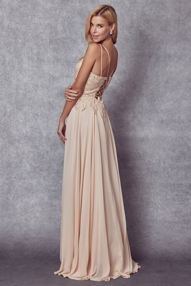 Long Lace Applique Chiffon Dress by Juliet 240