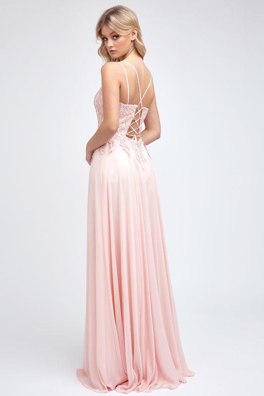 Long Lace Applique Chiffon Dress by Juliet 240