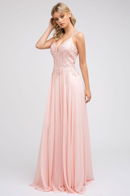Long Lace Applique Chiffon Dress by Juliet 240