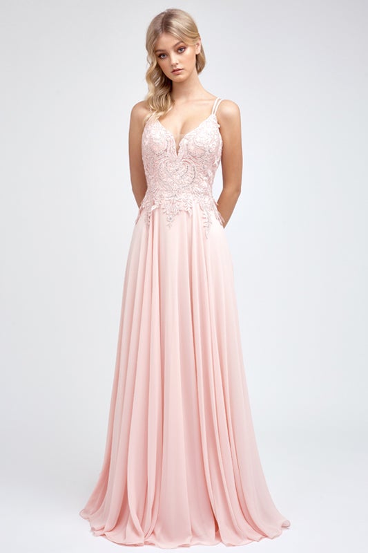Long Lace Applique Chiffon Dress by Juliet 240
