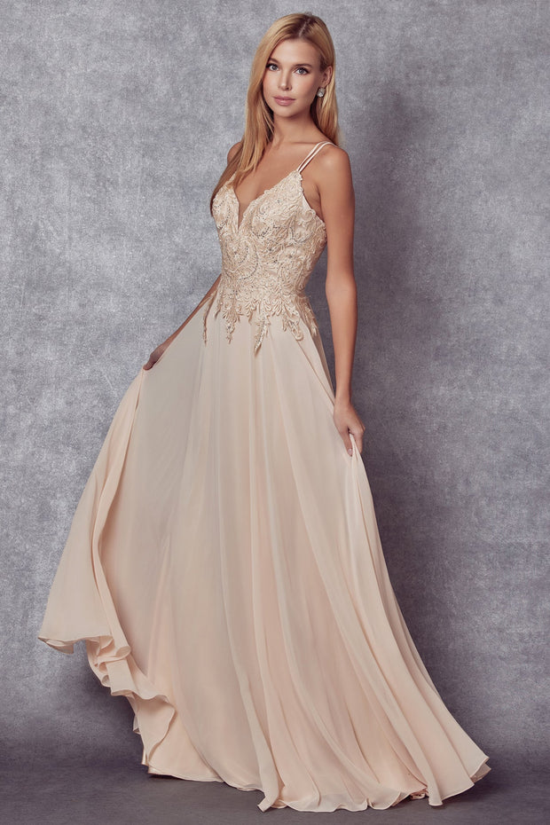 Long Lace Applique Chiffon Dress by Juliet 240