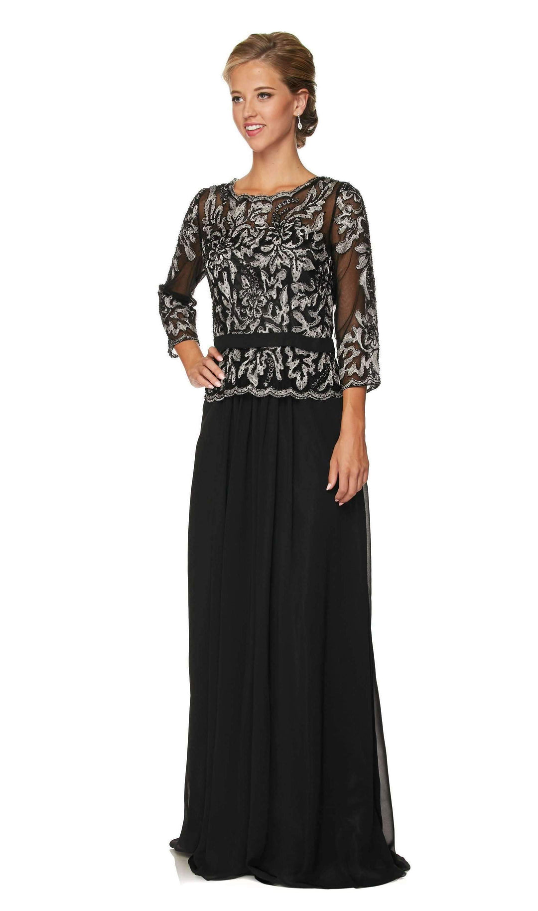 Long Lace Applique Chiffon Dress with 3/4 Sleeves by Juliet 634-Long Formal Dresses-ABC Fashion