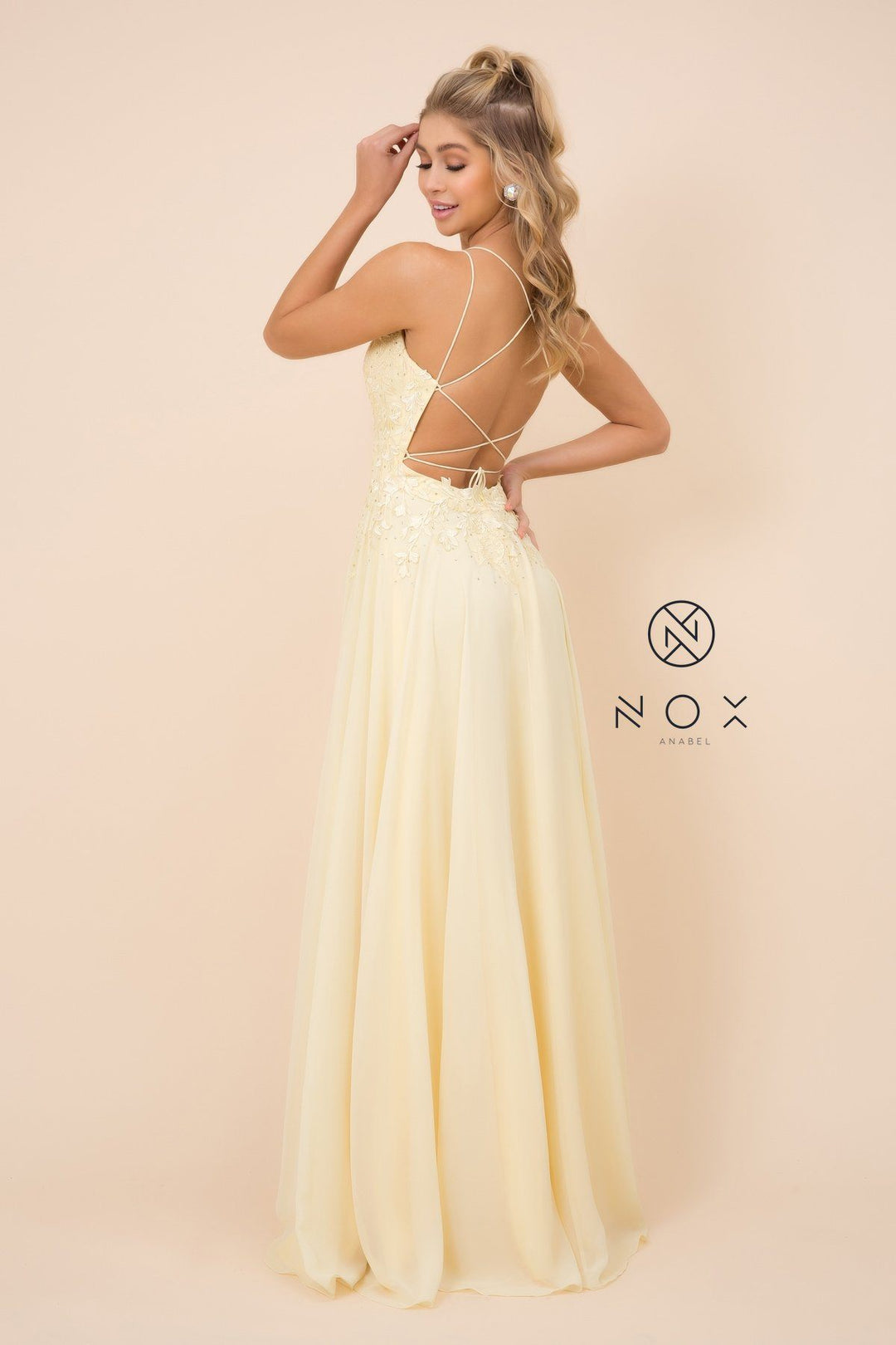 Long Lace Applique Dress with Corset Back by Nox Anabel C414