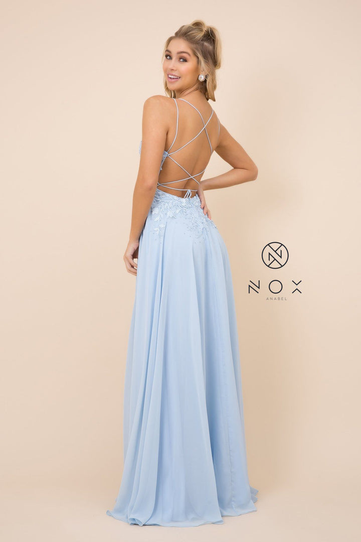 Long Lace Applique Dress with Corset Back by Nox Anabel C414