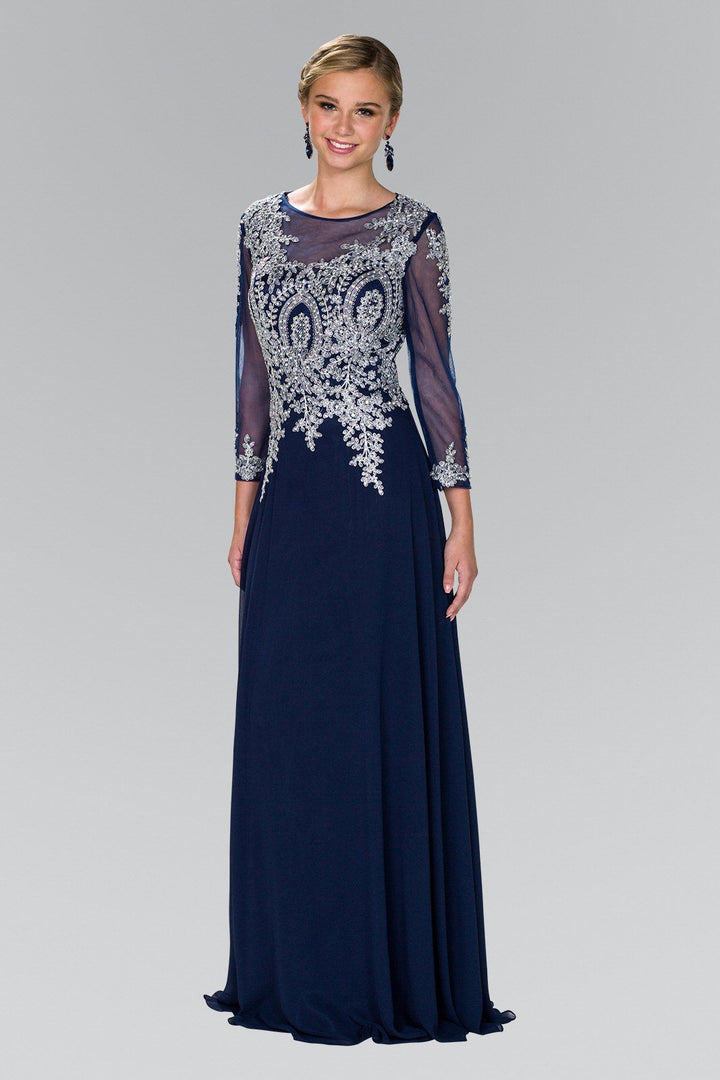 Long Lace Applique Dress with Sheer Sleeves by Elizabeth K GL1368-Long Formal Dresses-ABC Fashion