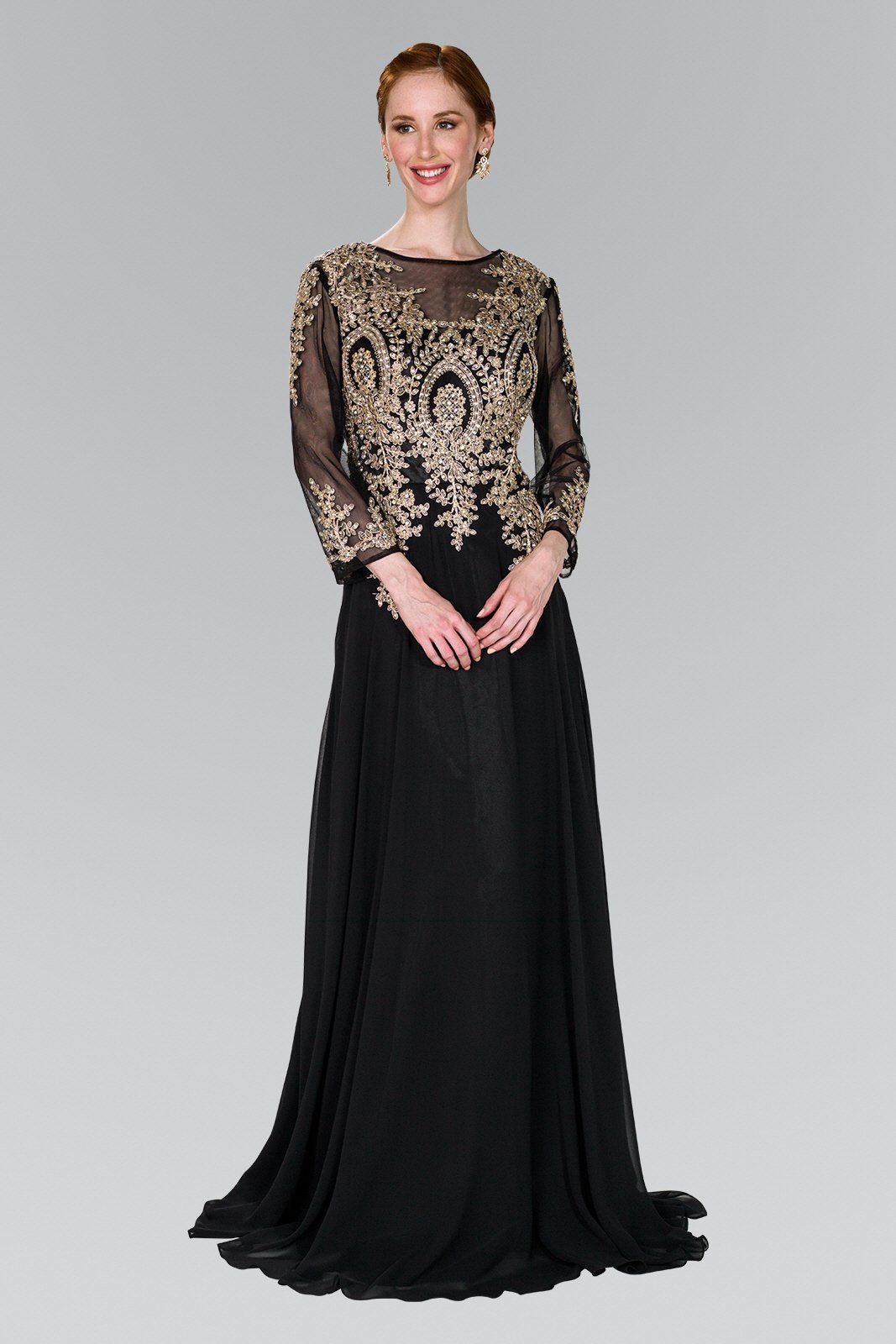 Long Lace Applique Dress with Sheer Sleeves by Elizabeth K GL1368-Long Formal Dresses-ABC Fashion