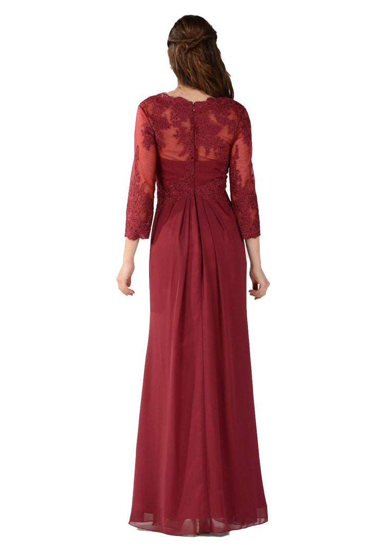 Long Lace Applique Pleated Dress with Sleeves by Poly USA-Long Formal Dresses-ABC Fashion