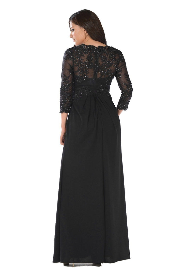 Long Lace Applique Pleated Dress with Sleeves by Poly USA-Long Formal Dresses-ABC Fashion