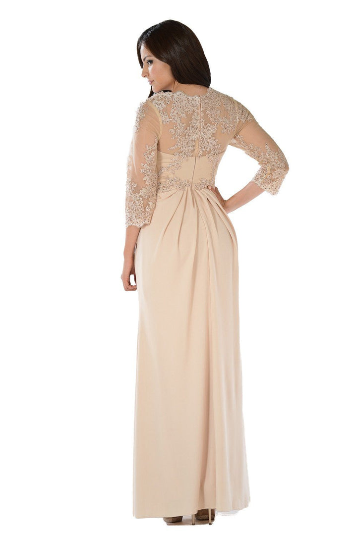 Long Lace Applique Pleated Dress with Sleeves by Poly USA-Long Formal Dresses-ABC Fashion