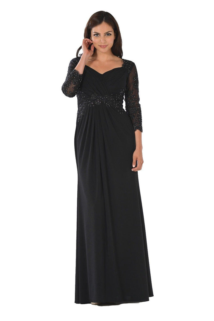 Long Lace Applique Pleated Dress with Sleeves by Poly USA-Long Formal Dresses-ABC Fashion