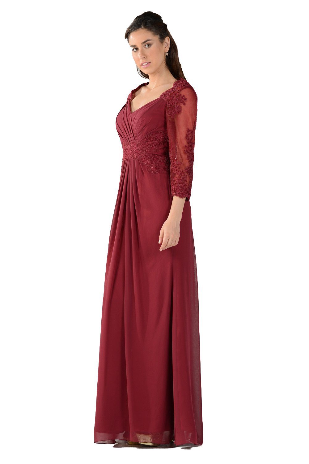 Long Lace Applique Pleated Dress with Sleeves by Poly USA-Long Formal Dresses-ABC Fashion