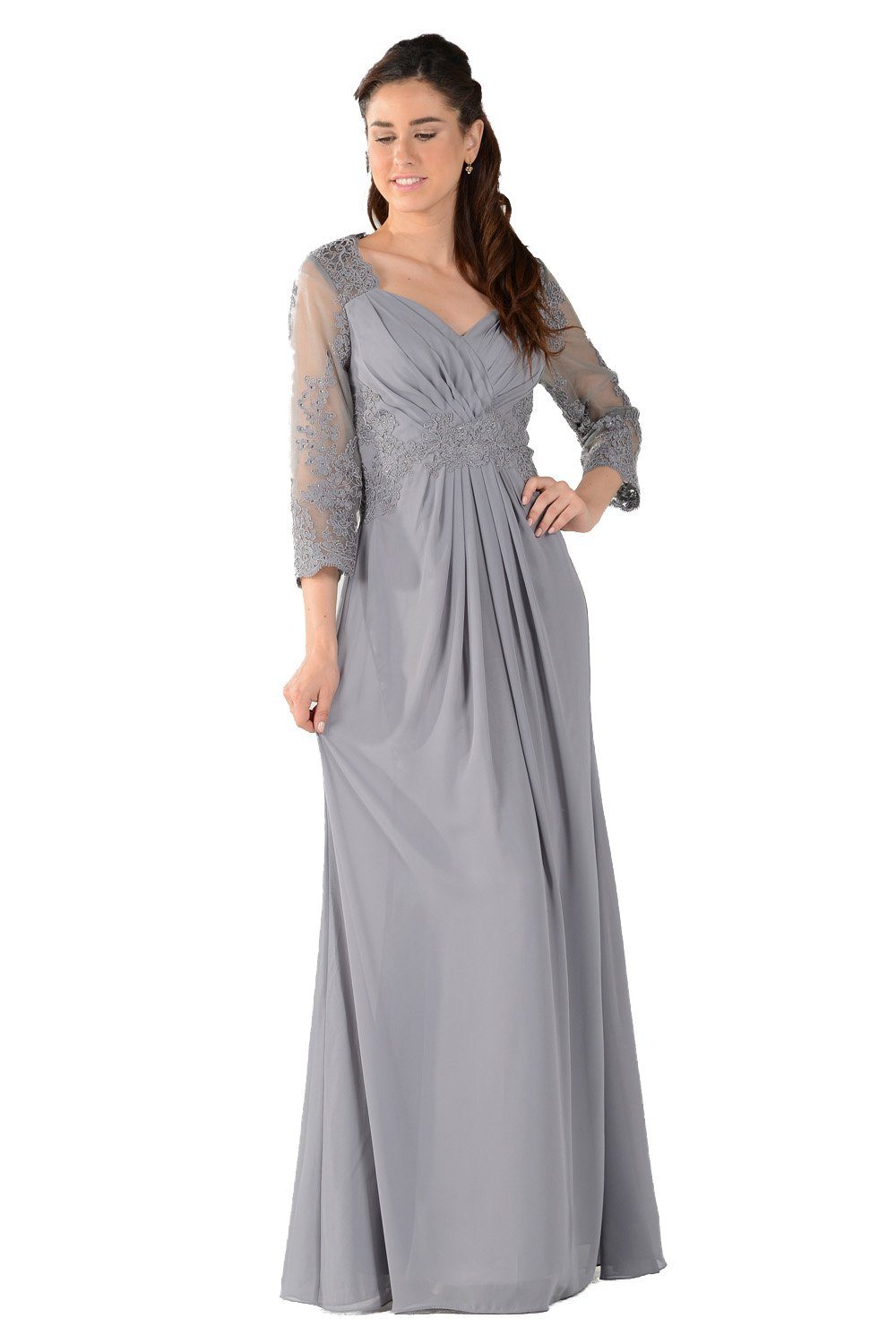 Long Lace Applique Pleated Dress with Sleeves by Poly USA-Long Formal Dresses-ABC Fashion